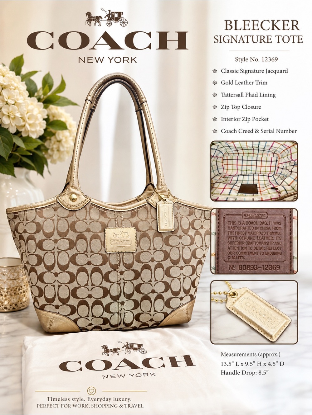Coach Bleecker Signature Tote 12369 Tattersall Plaid Lining Khaki Gold